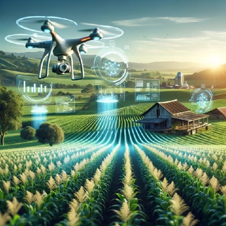 Drone kerää dataa pellon yläpuolella auringonlaskussa